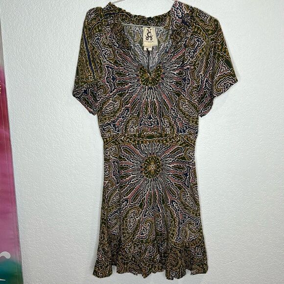 NWT Figue Cleo Silk Ruffle Neck Belted Dress in Medallion Multi Spruce XS - Picture 2 of 15